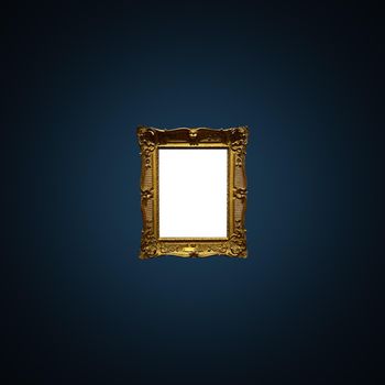 Antique art fair gallery frame on royal blue wall at auction house or museum exhibition, blank template with empty white copyspace for mockup design, artwork concept