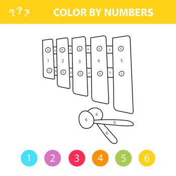 Coloring book for children. Musical instruments - xylophone. Color by numbers. Worksheet for education for kids