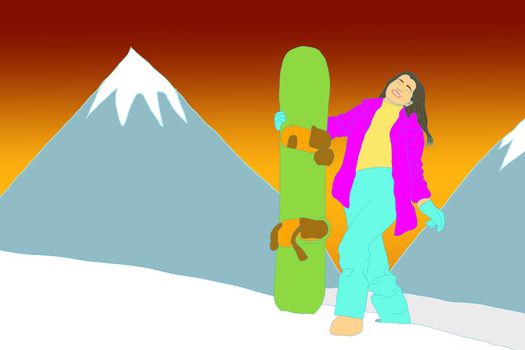 illustration of a little girl with a snowboard.