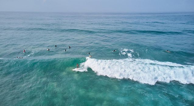 Aerial view of surfers waiting for the wave. Sri Lanka, Midigama. High quality photo