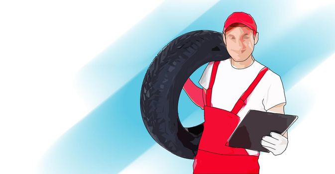 male mechanic holding a wrench and wheel, cartoon character, car tire, tyre service illustration,