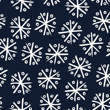 Seamless Pattern with White Snowflakes on Dark Blue Background. Abstract Hand-Drawn Doodle Snowflakes.