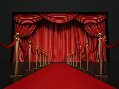 Red carpet and velvet ropes leading to the stage. 3D illustration.