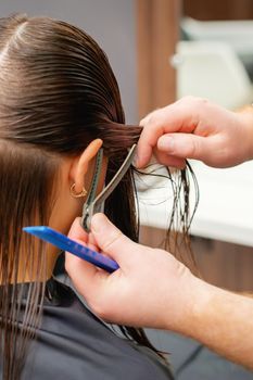 Hands of hairdresser combs hair of young woman in hair salon. Hairstyle process in a beauty salon
