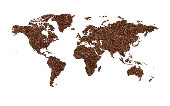 World map from roasted coffee beans on a white background. Coffee consumption around the world. Trade and globalization. Copy space for advertising text