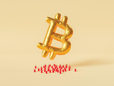 3D rendering of golden bitcoin shaped balloon flying over many sharp pins and avoiding failure against beige background