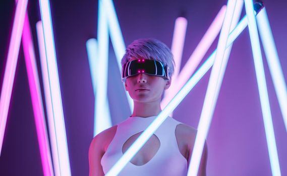 3D rendering of stylish young female with short blond hair in futuristic VR glasses exploring virtual reality standing amidst illuminated neon sticks against purple background