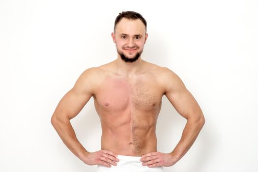 Young caucasian man with bare chested before and after waxing his hair stands on white background