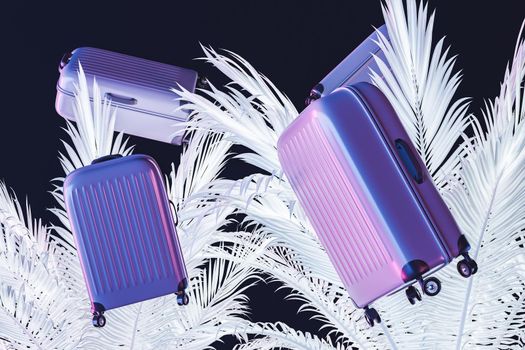 3D rendering modern hard case suitcases floating against white leaves of tropical trees against black background