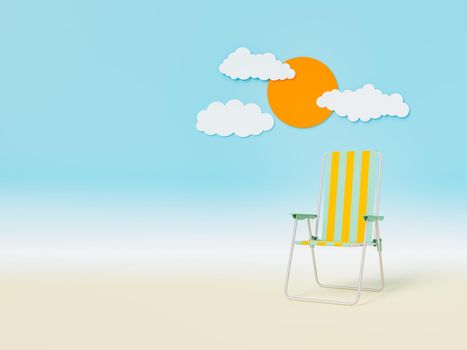 3D rendering of striped deckchair located on sandy beach against blue sky with sun and clouds during summer vacation