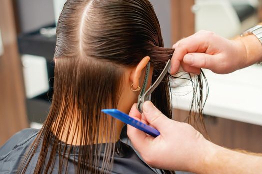 Hands of hairdresser combs hair of young woman in hair salon. Hairstyle process in a beauty salon