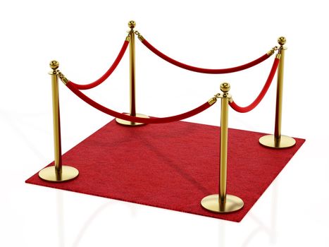 Square red carpet and velvet ropes isolated on white background. 3D illustration.