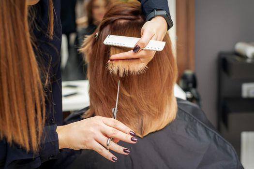 Hairdresser cuts red hair tips holding lock of red hair between fingers in beauty salon. Getting rid of split ends