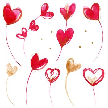 Pink and golden hearts and dots. Romantic set of watercolor elements with clipping path