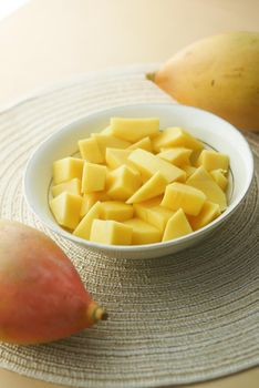 yellow ripe cut mango in a bowl top down.