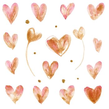Light pink and golden hearts and dots. Romantic set of watercolor elements with clipping path