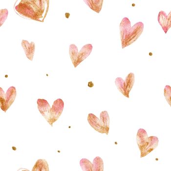 Romantic seamless pattern with light pink watercolor hearts and golden dots