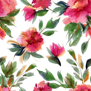 Pink Peony botanical watercolor seamless pattern. Floral ditsy decor