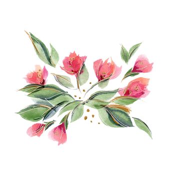 Floral composition with delicate fragrant rose flowers and leaves. Spring mood with watercolor ditsy bouquet