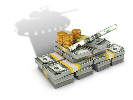 Stacks of dollars and coins cast a shadow in the shape of a military panzer. 3d render.