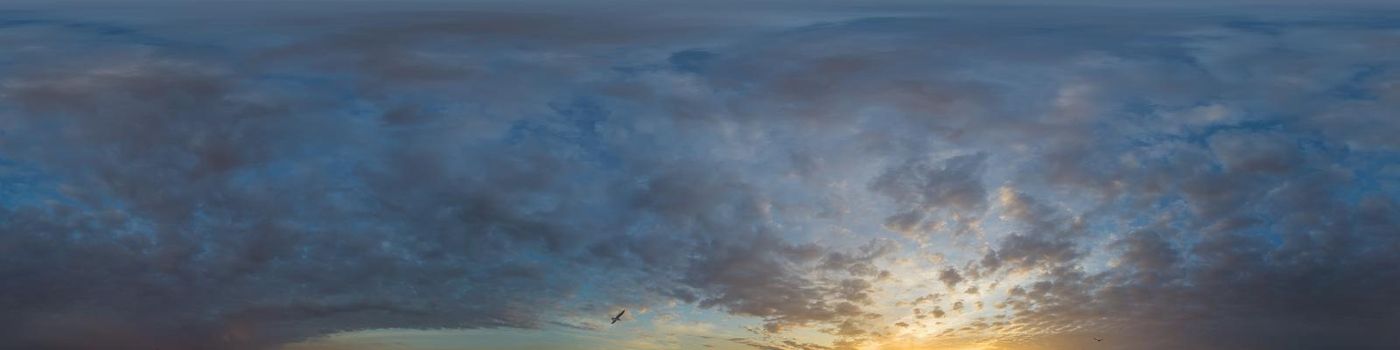 Dark blue sunset sky panorama with pink Cumulus clouds. Seamless hdr 360 pano in spherical equirectangular format. Full zenith for 3D visualization, game, sky replacement for aerial drone panoramas