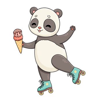 Summer time panda on blue rollers with ice cream illustration