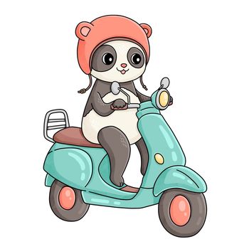 Summer panda on blue moped in pink helmet illustration