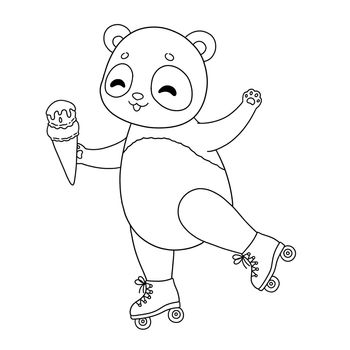 Summer time panda on rollers with ice cream coloring page illustration