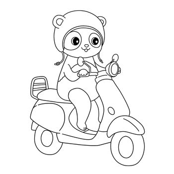 Summer panda on moped in helmet coloring page illustration