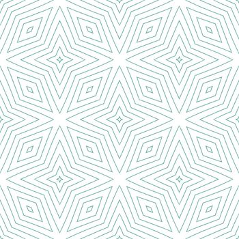 Ikat repeating swimwear design. Turquoise symmetrical kaleidoscope background. Textile ready good-looking print, swimwear fabric, wallpaper, wrapping. Summer ikat sweamwear pattern.