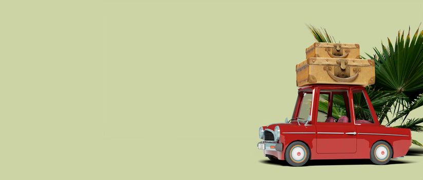 Red retro car with luggage on the roof ready for summer travel. Copy space. 3d rendering