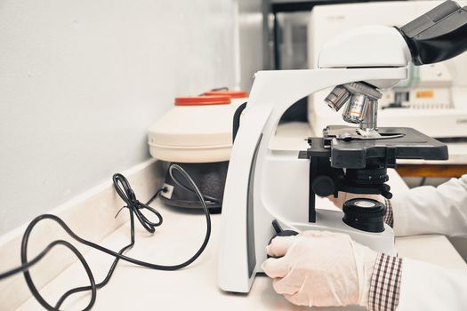 Unrecognizable Latin Laboratorian Doing Blood Tests in a Microscope