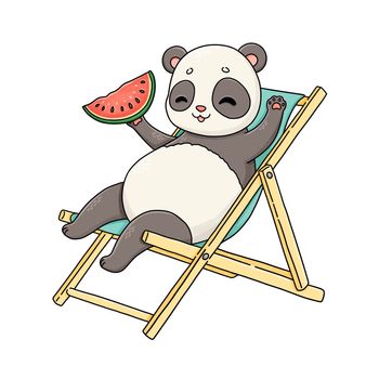 Summer panda lying on deck chair with watermelon illustration