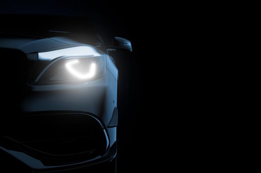 Close up on headlight of a generic and unbranded car. 3D illustration