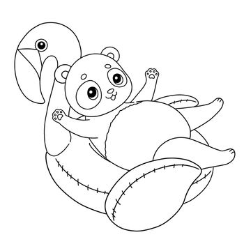 Summer panda on pink flamingo rubber ring coloring page illustration