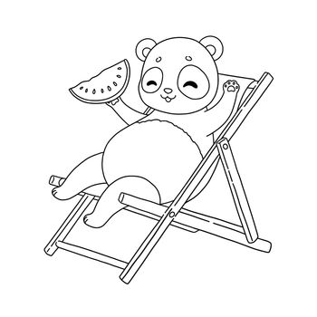 Summer panda lying on deck chair with watermelon coloring page illustration