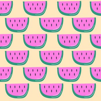 Seamless pattern with watermelons. Watermelon slices isolated on yellow background. Hand drawn style