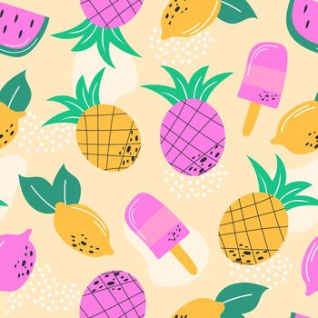 Multicoloured summer fruits seamless pattern for wallpaper, wrapping and textile. Repeat fabric for clothes, bags. Lemon, ice cream, pineapple