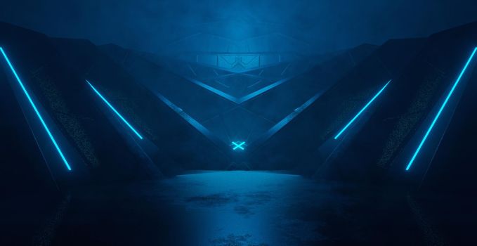 SciFi Alien Bright Blue Parking Underground Warehouse Garage Studio Rough Modern Reflective Spaceship Tunnel Corridor Showcase Illustration Banner Background Wallpaper 3D Rendering