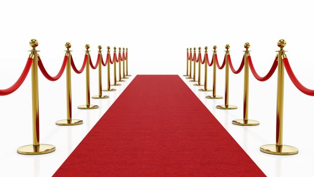 Red carpet and velvet ropes isolated on white background. 3D illustration.