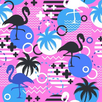 Seamless pattern with flamingos and palms. Exotic Hawaii background is tropical trendy. Design for fabric, textile, wrapping paper