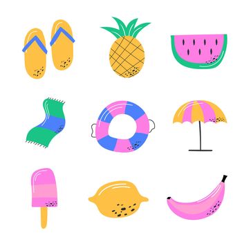 Hello Summer. Vector illustration of colorful funny symbols in hand drawn style. Set of summer doodles on a white background.