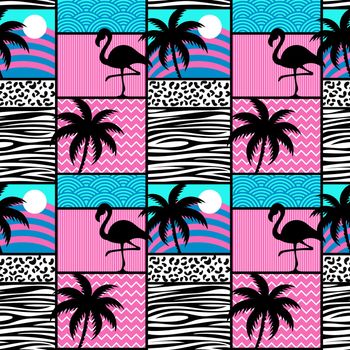 Seamless pattern with flamingos and palms. Exotic Hawaii background is tropical trendy. Design for fabric, textile, wrapping paper