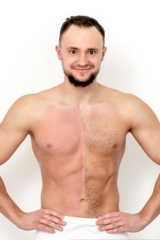 Young caucasian man with bare chested before and after waxing his hair stands on white background