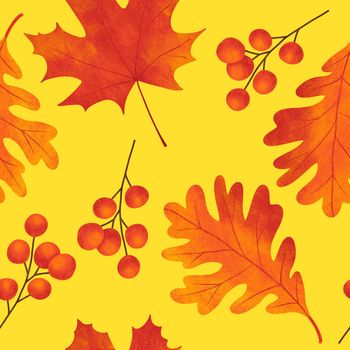 Hand drawn seamless pattern with fall autumn leaf leaves berry berries, maple oak acorn. Natural wild forest wood woodland background in red orange yellow. Vintage fabric print