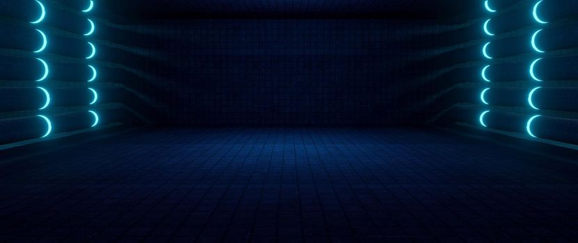 Computerized Inter Galactic Showroom Garage Empty Corridor Spotlight Baby Blue Abstract Background