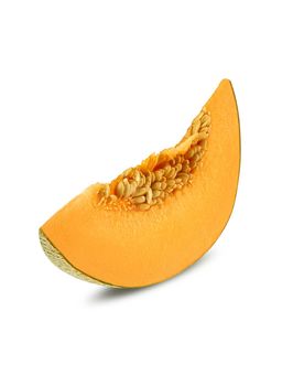 Slice of a palatable, sappy cantaloupe melon in a cross-section, isolated on white background with copy space for text or images. Sweet orange flesh with seeds. Pumpkin plant family. Side view. Close-up shot.