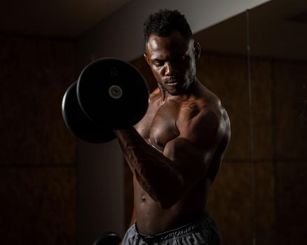 Attractive african american man doing biceps exercise with dumbbells