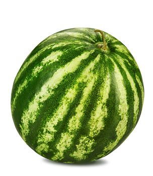 Green, striped, yummy watermelon isolated on white background with copy space for text or images. Special kind of a berry. Side view. Close-up shot.