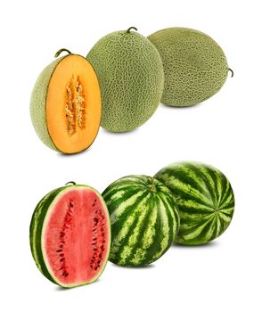 Two green, striped watermelons and two cantaloupe melons with halves in a cross-section, isolated on white background with copy space for text or images. Juicy red and orange color flesh with seeds. Side view. Close-up shot.